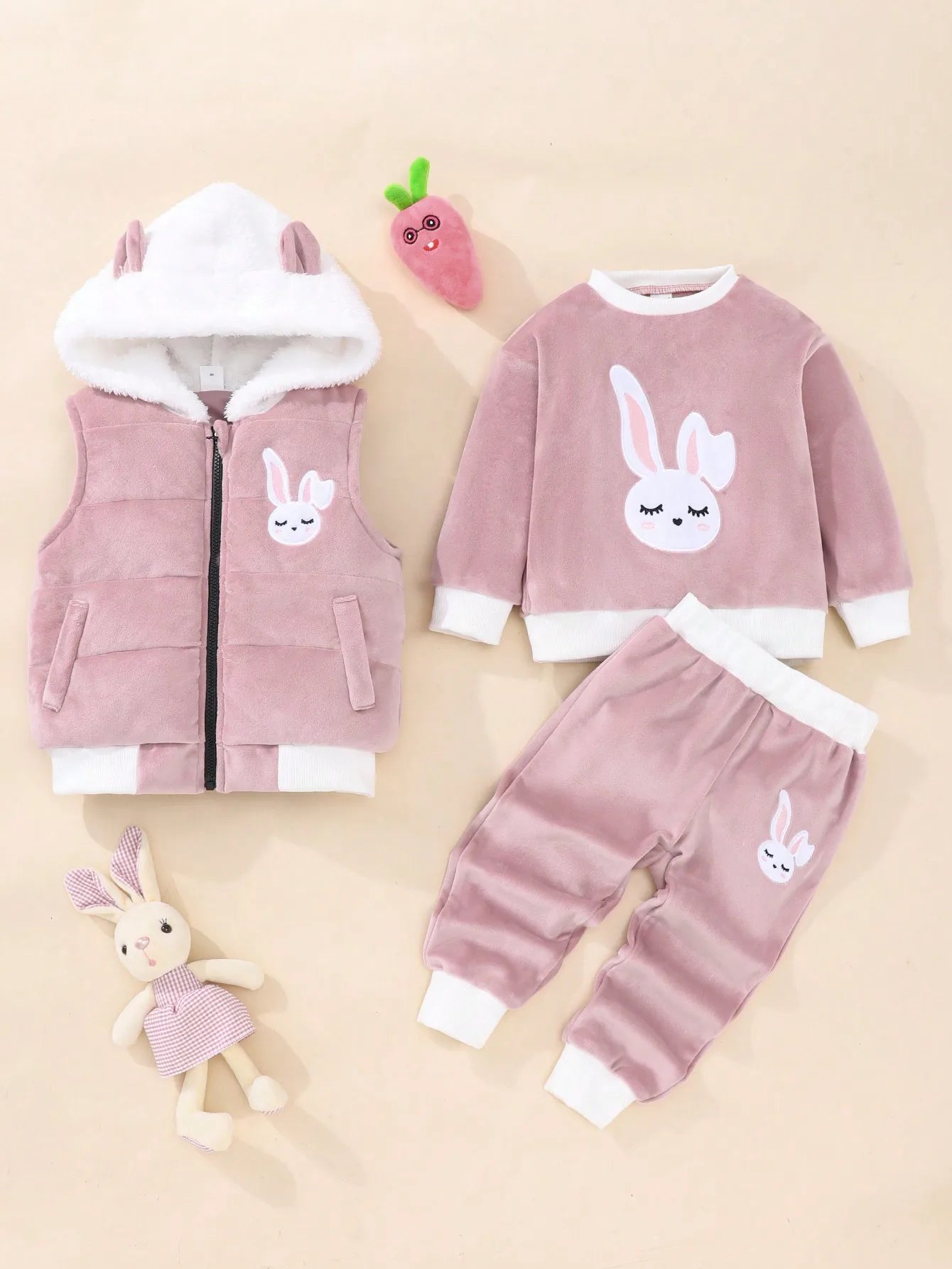 A Sweet And Cute Rabbit Embroidery Set for Baby Girls - Cotton - Padded Jacket And Vest w/pants (3 - Piece Set) - silverfoxgoods